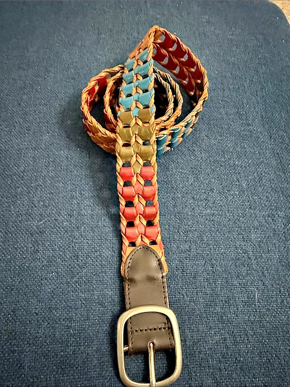 Woven Leather Belt in burgundy & Blue